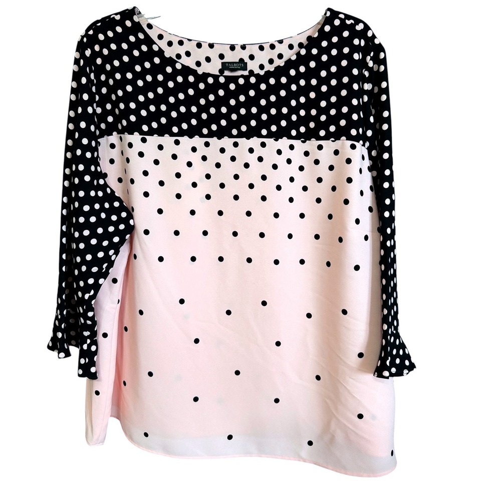 Talbots Woman Petites 3X Blouse Pink Black Polka Dot Ruffle 3/4 Sleeve Top